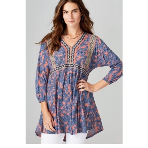 J Jill Boho Tunic Blouse XL Garden Refresh Pink Blue Floral Embroidered Hippie - Picture 4 of 16